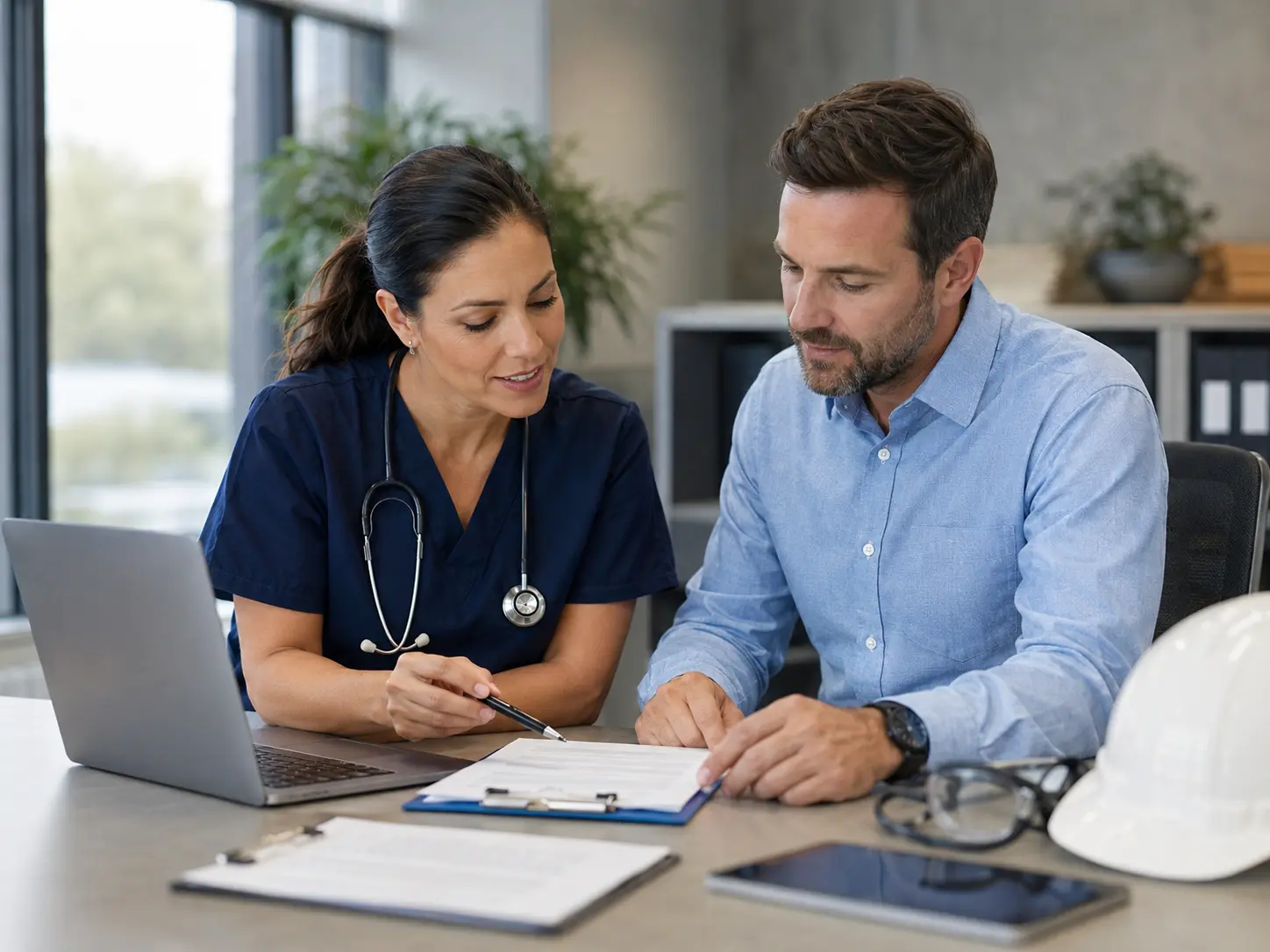 A clinician reviewing respirator medical clearance paperwork with an employee