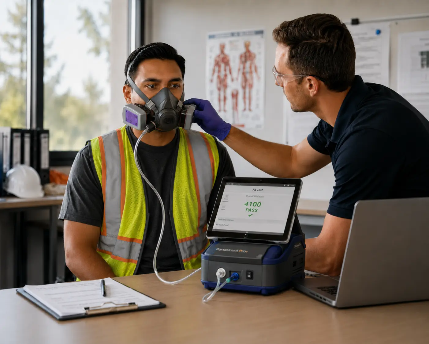 Quantitative respirator fit testing with a PortaCount-style device at a workplace