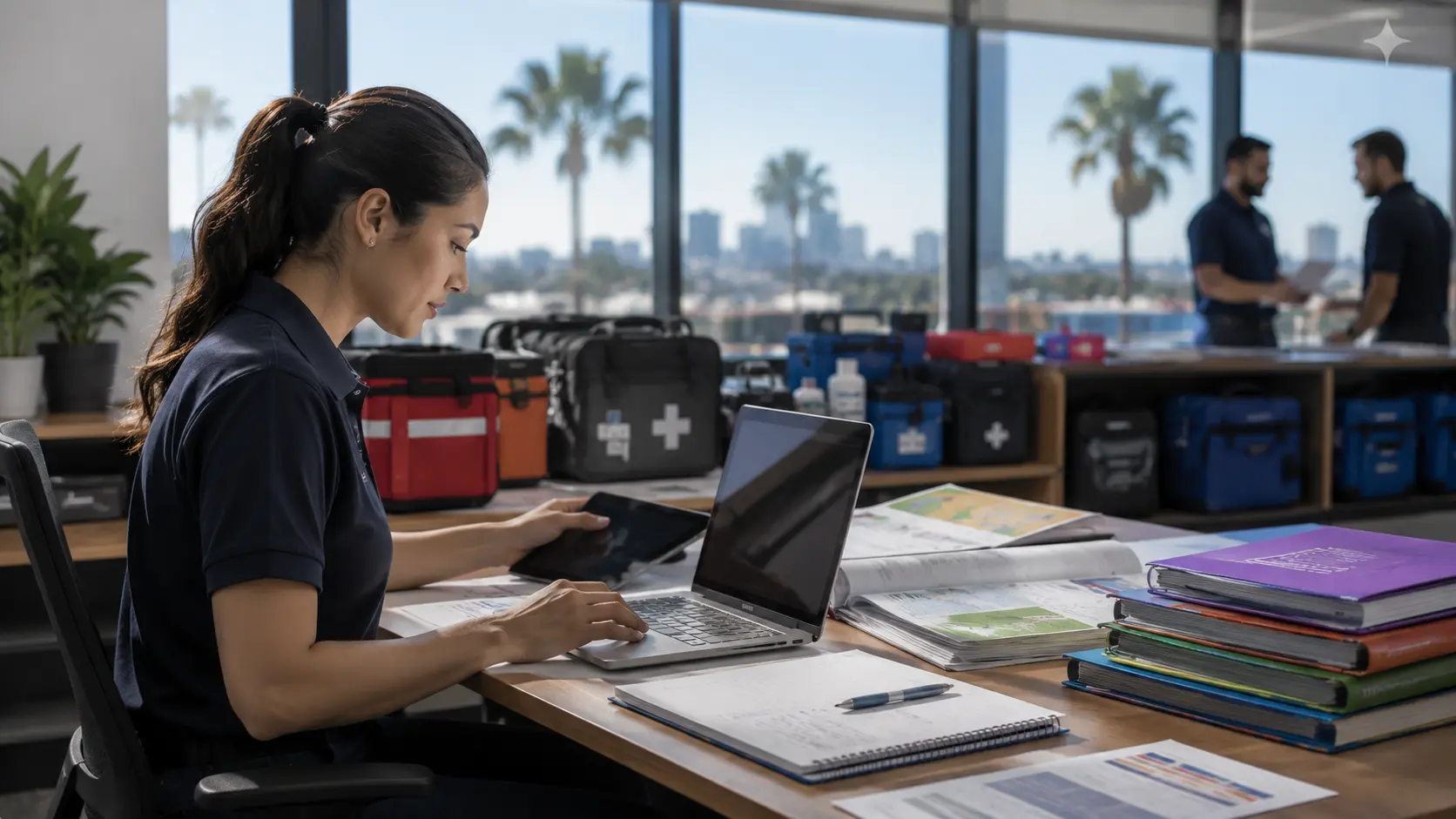 A QuickCare coordinator planning on-site service visits at a workspace