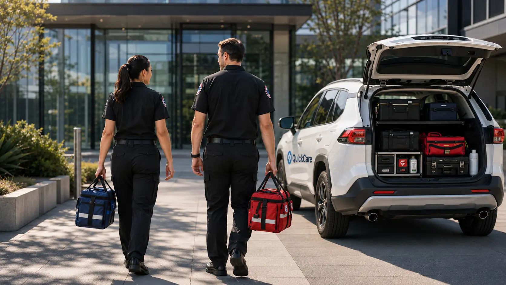QuickCare on-site clinicians arriving at a workplace with medical equipment
