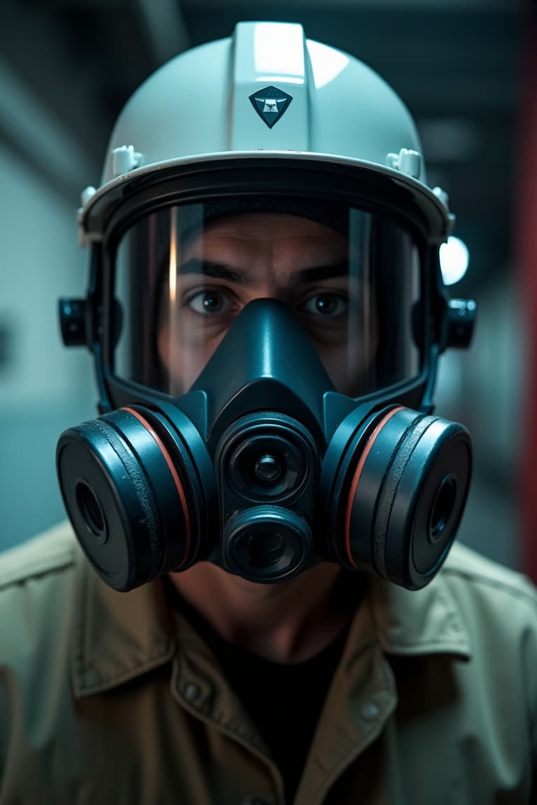 Individual wearing a full-facepiece respirator offering eye and respiratory protection