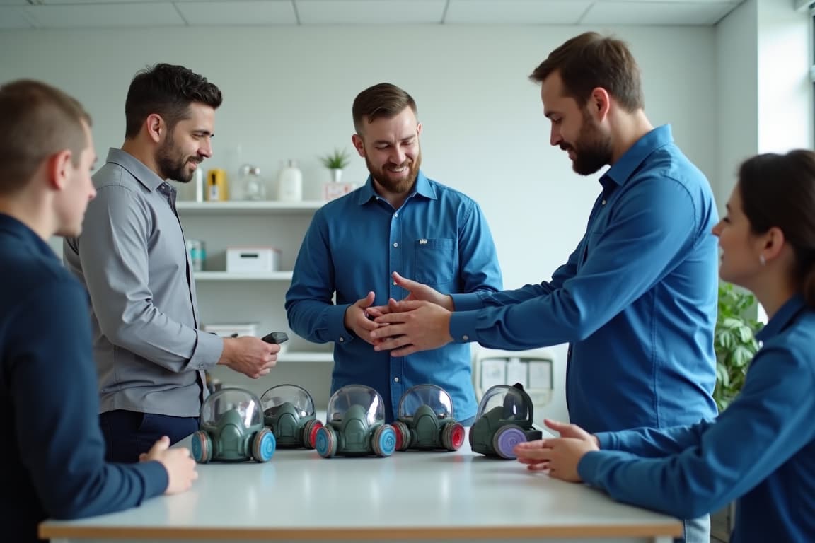 Instructor providing respirator training to a group of employees in a classroom setting