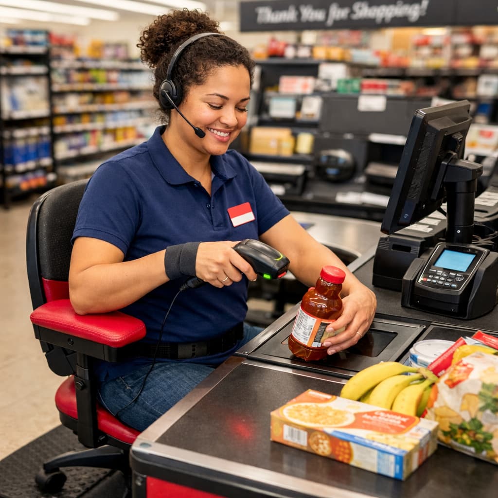 Retail cashier scanning items with ergonomic considerations