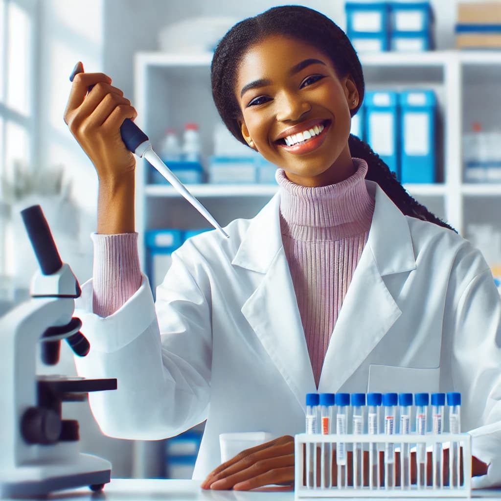 Cheerful scientist conducting drug testing with pipette in a laboratory setting.