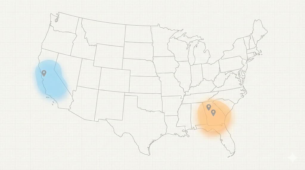 Minimal service areas map highlighting the San Francisco Bay Area in California and Middle Georgia coverage.