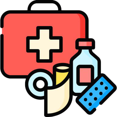 Simple illustration of a first aid kit with a cross symbol.