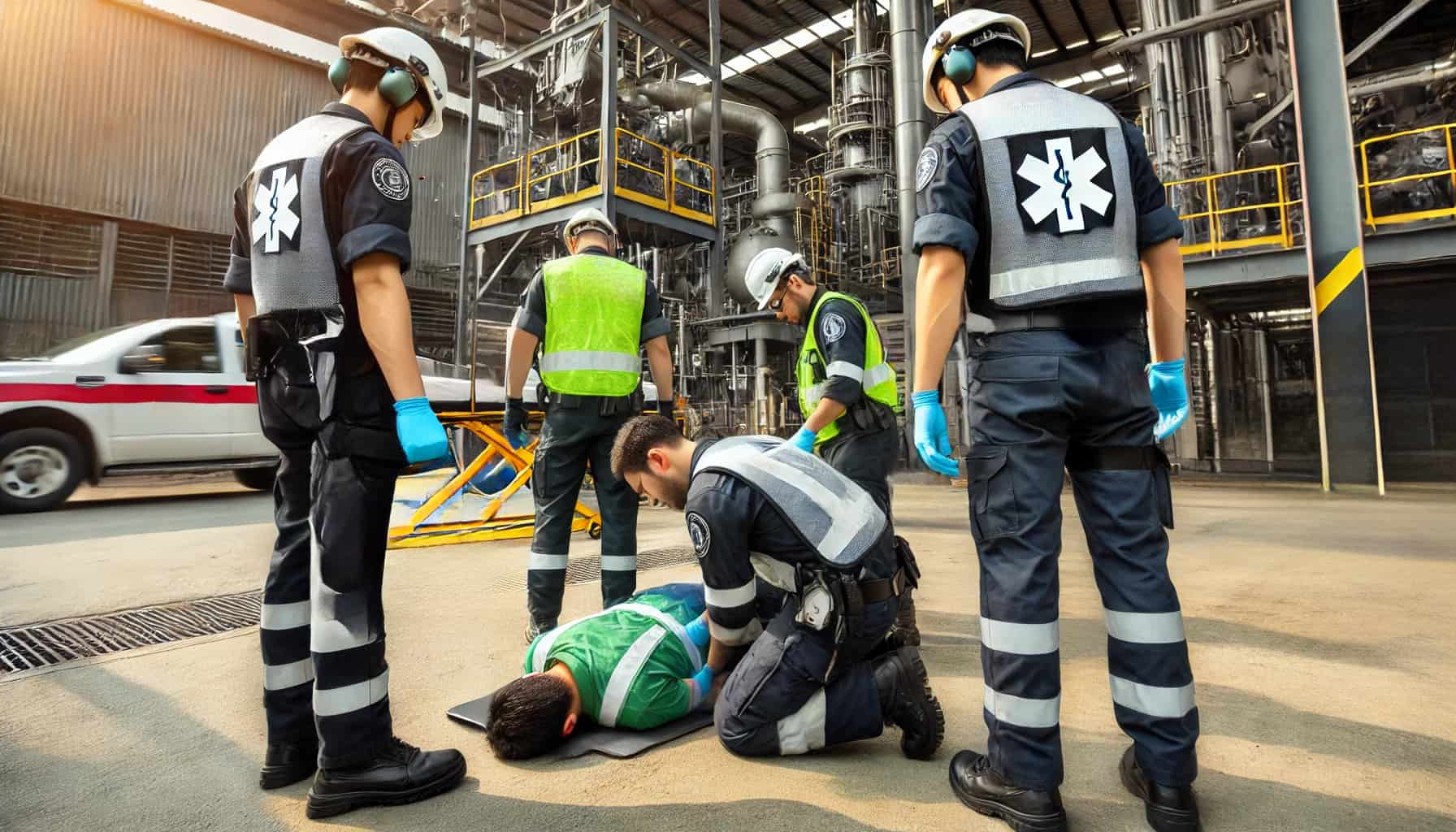 QuickCare EMTs providing first-aid response at industrial worksite