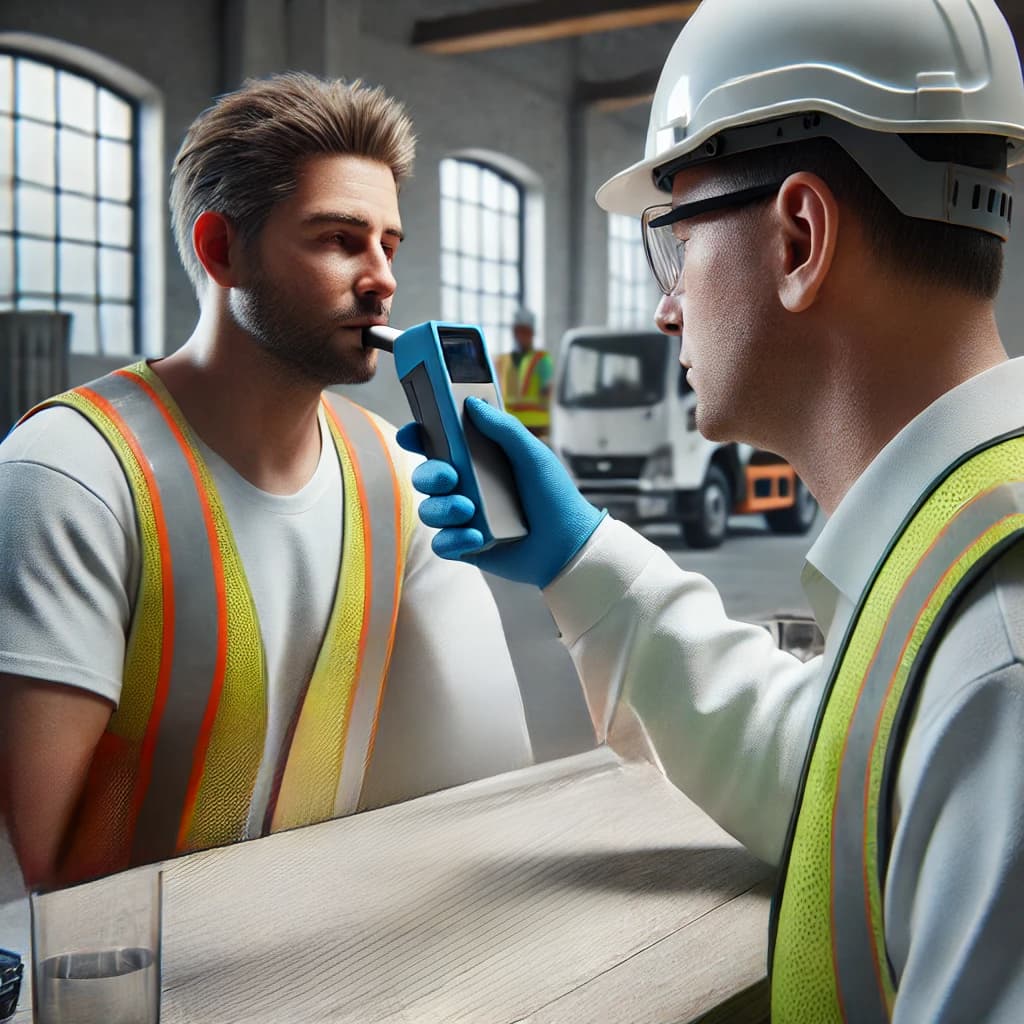 Technician performing breath alcohol testing on a construction worker using an EV30 device.